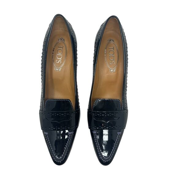 Tod's Pointed Toe Penny Loafer Pumps Heels Patent Leather Black Size US 9.5 - Picture 5 of 15